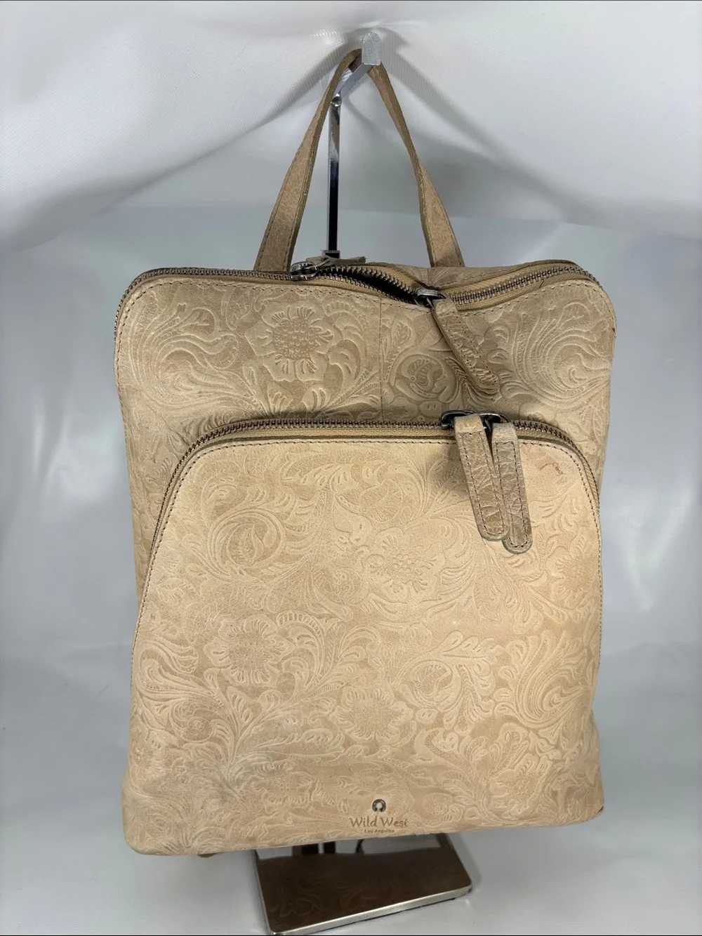 Wild West Beige Floral Embossed Leather Backpack
